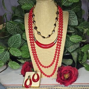 Shades Of Red - 3 Necklace And 1 Pair Of Earrings Lot